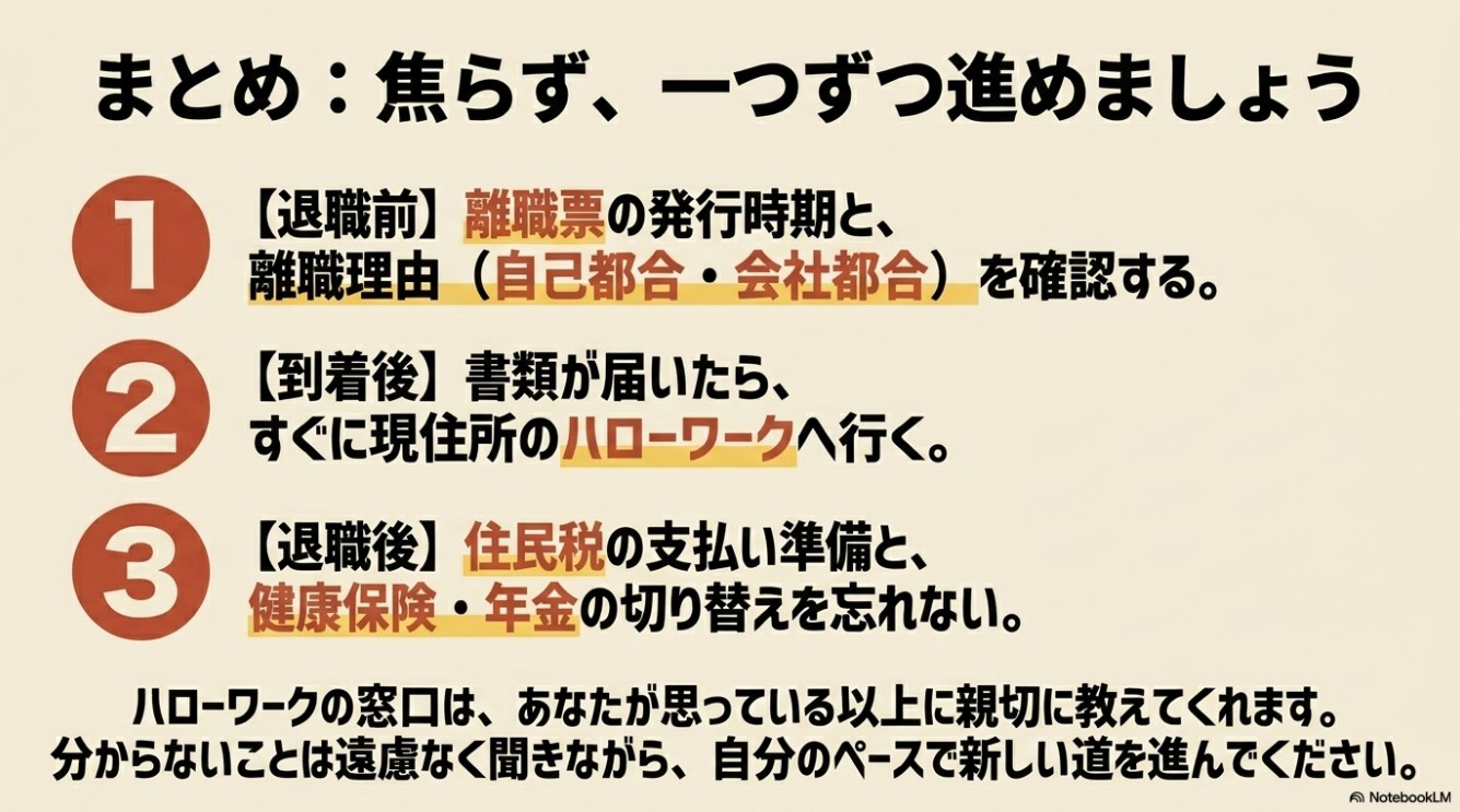 退職前の離職票確認、到着後のハローワークへの訪問、退職後の住民税や健康保険の手続きなど、50代の失業保険手続きのまとめ