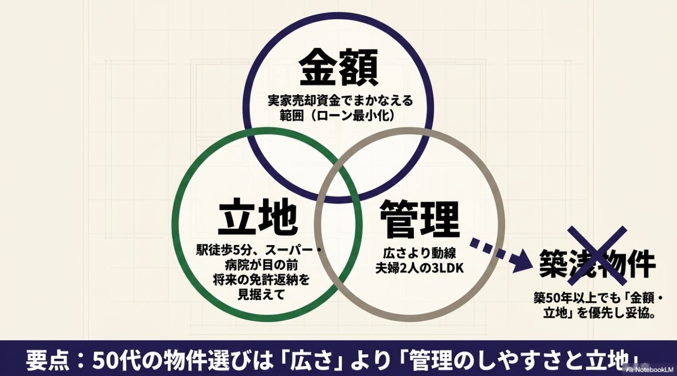 金額・立地・管理の3要素を表したベン図。築50年以上でも金額と立地を優先し、広さより管理のしやすさを重視したことを示す図解。