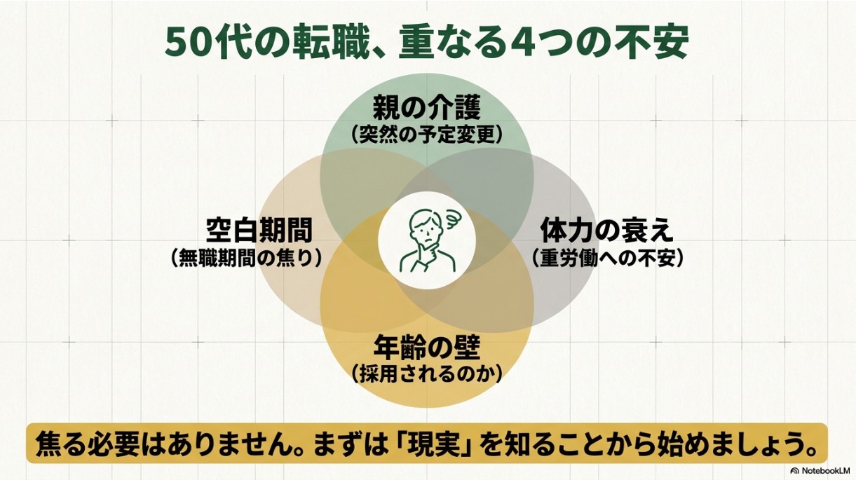 親の介護、空白期間、体力の衰え、年齢の壁という、50代の転職で直面しがちな4つの不安をベン図で表したスライド。
