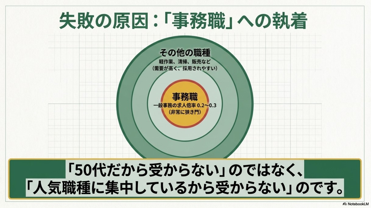 求人倍率0.2〜0.3の一般事務という非常に狭き門に求職者が集中している現実を同心円で表し、人気職種に集中しているから受からないのだと説明するスライド。