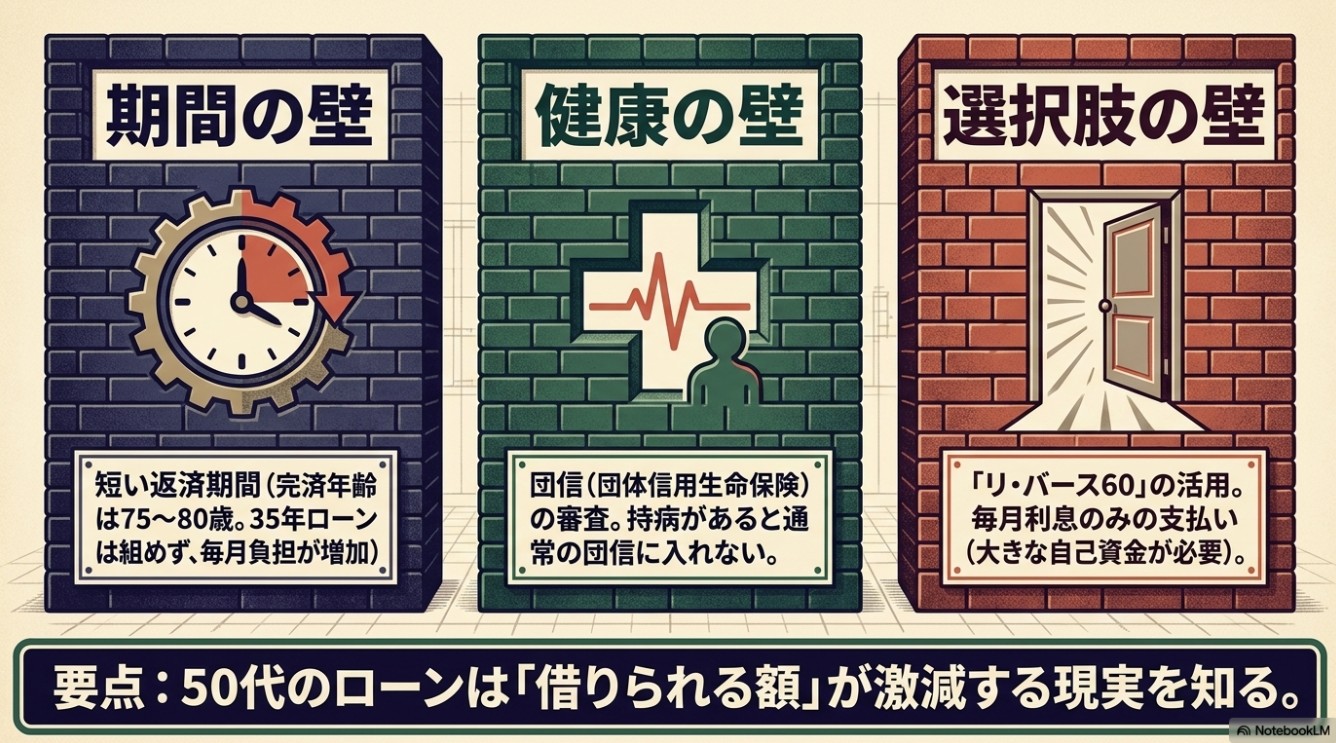 期間の壁、健康の壁、選択肢の壁の3つが立ちはだかるイラスト。50代のローンは借りられる額が激減する現実を知るべきと記載。