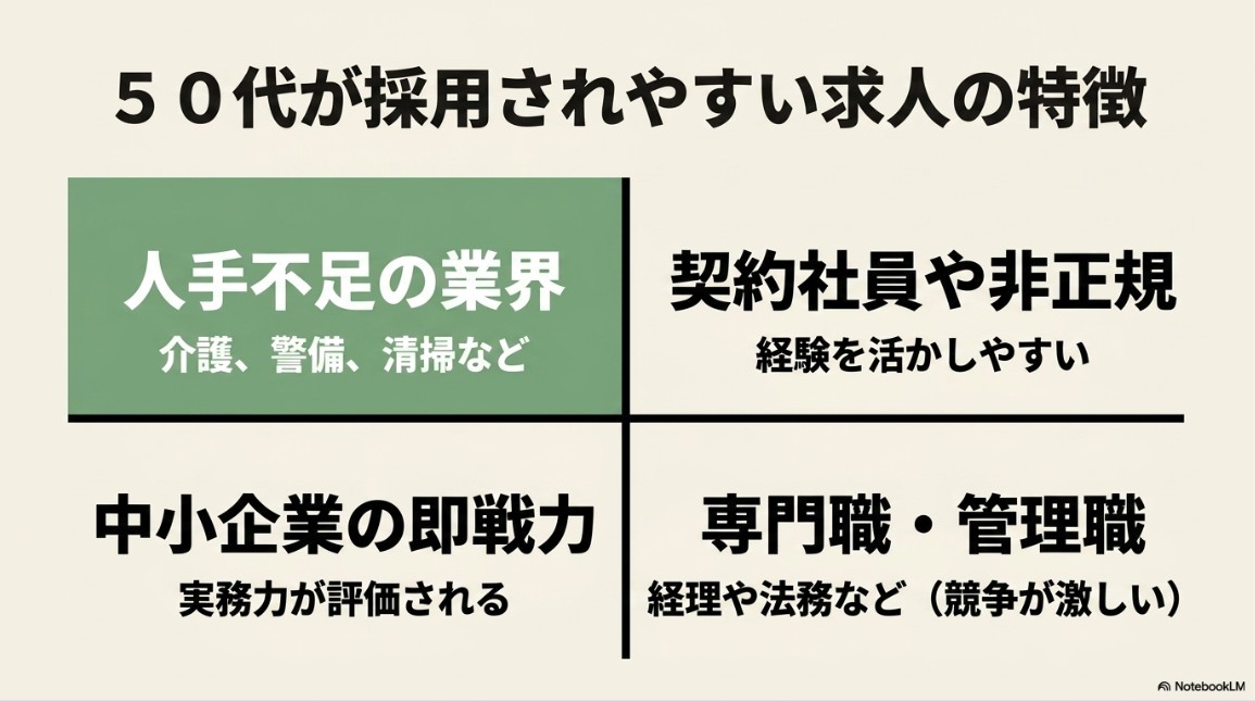 管理職・専門職向け、人手不足業界、中小企業の即戦力、契約社員・業務委託という50代向け求人の4つのタイプと特徴をまとめた表形式のスライド。