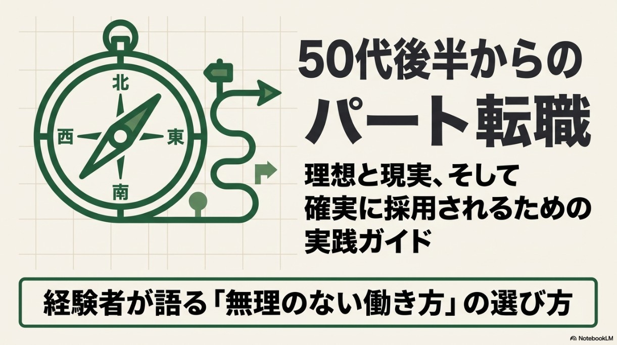 50代後半からのパート転職の理想と現実、そして確実に採用されるための実践ガイドと書かれた、コンパスのイラスト入りのスライド表紙。