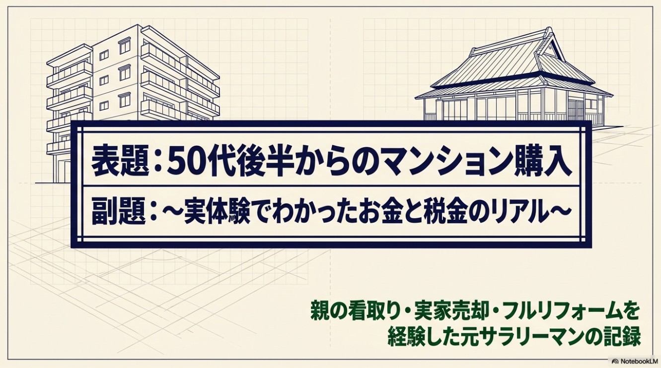 表題「50代後半からのマンション購入」、副題「実体験でわかったお金と税金のリアル」と書かれたタイトルスライド