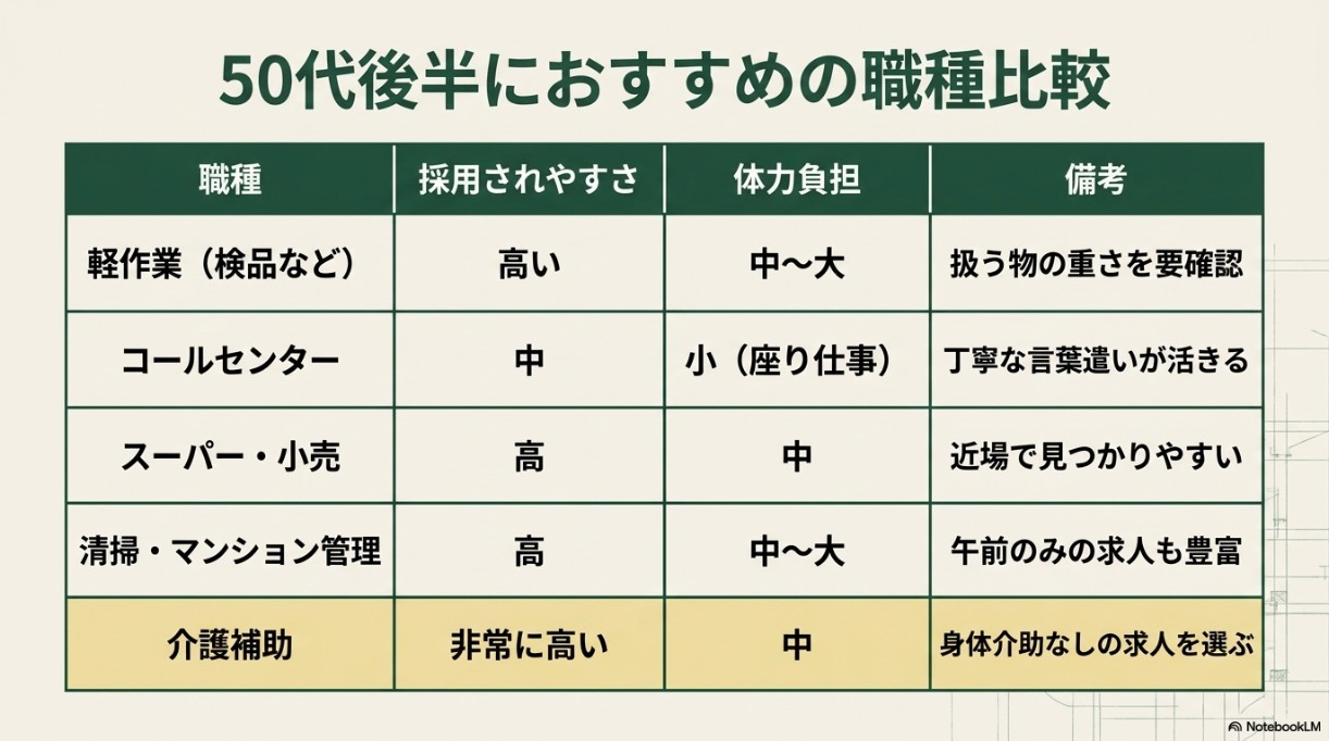 軽作業、コールセンター、スーパー・小売、清掃・マンション管理、介護補助の5つの職種について、採用されやすさ、体力負担、備考をまとめた比較表のスライド。