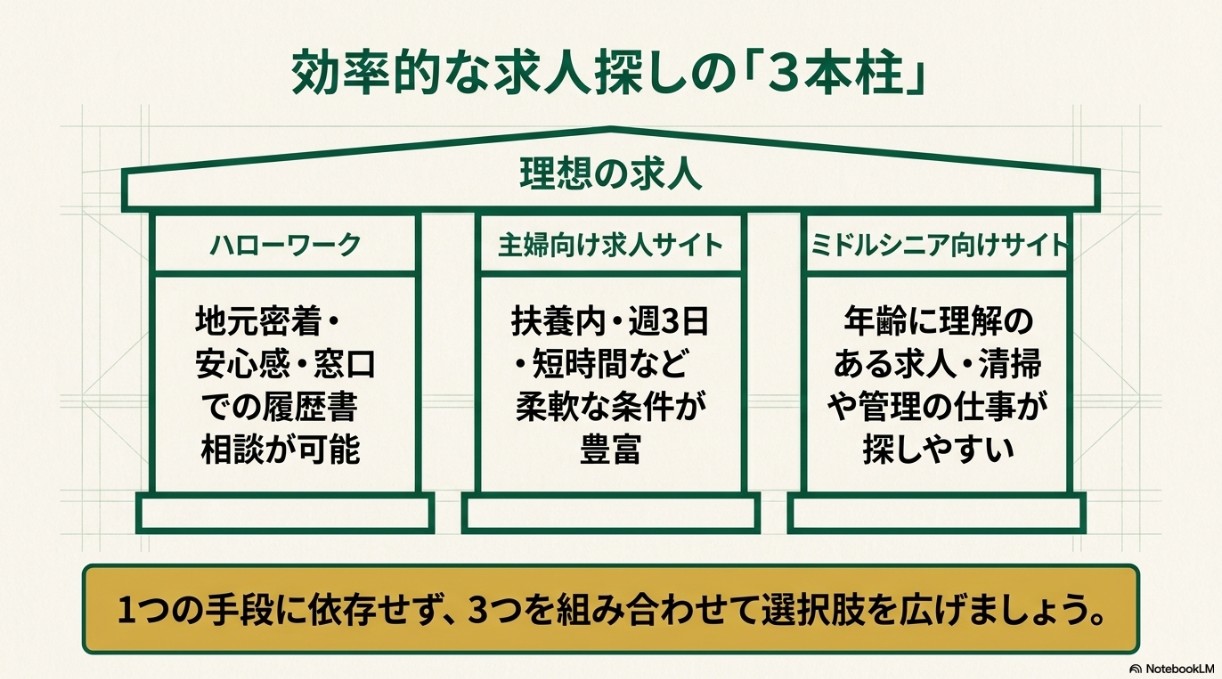 1つの手段に依存せず、ハローワーク（地元密着）、主婦向け求人サイト（柔軟な条件）、ミドルシニア向けサイト（年齢に理解あり）の3つを組み合わせて選択肢を広げることを神殿の柱に例えて示したスライド。