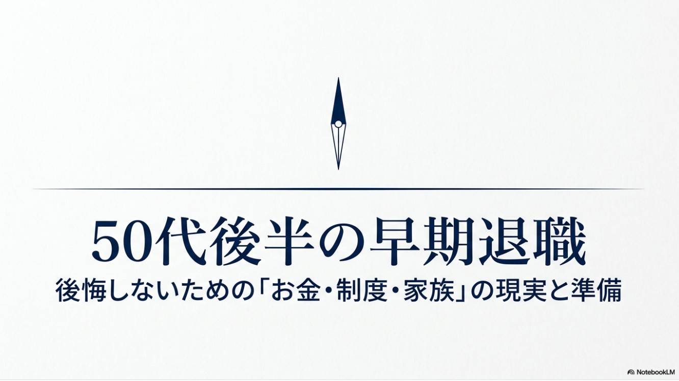 50代後半の早期退職 後悔しないための「お金・制度・家族」の現実と準備のタイトルスライド