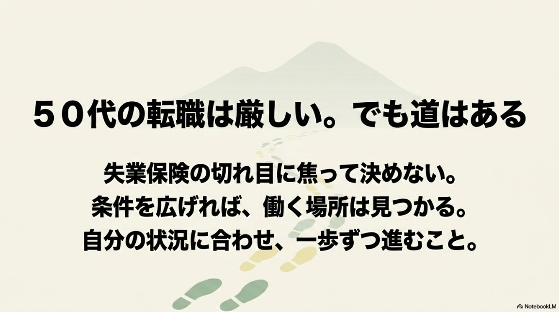 年齢の壁や給料低下の現実を受け入れつつ、条件を広げ、体力面を考慮して焦らず自分に合う働き方を探すという、50代転職の心構えをまとめたスライド。