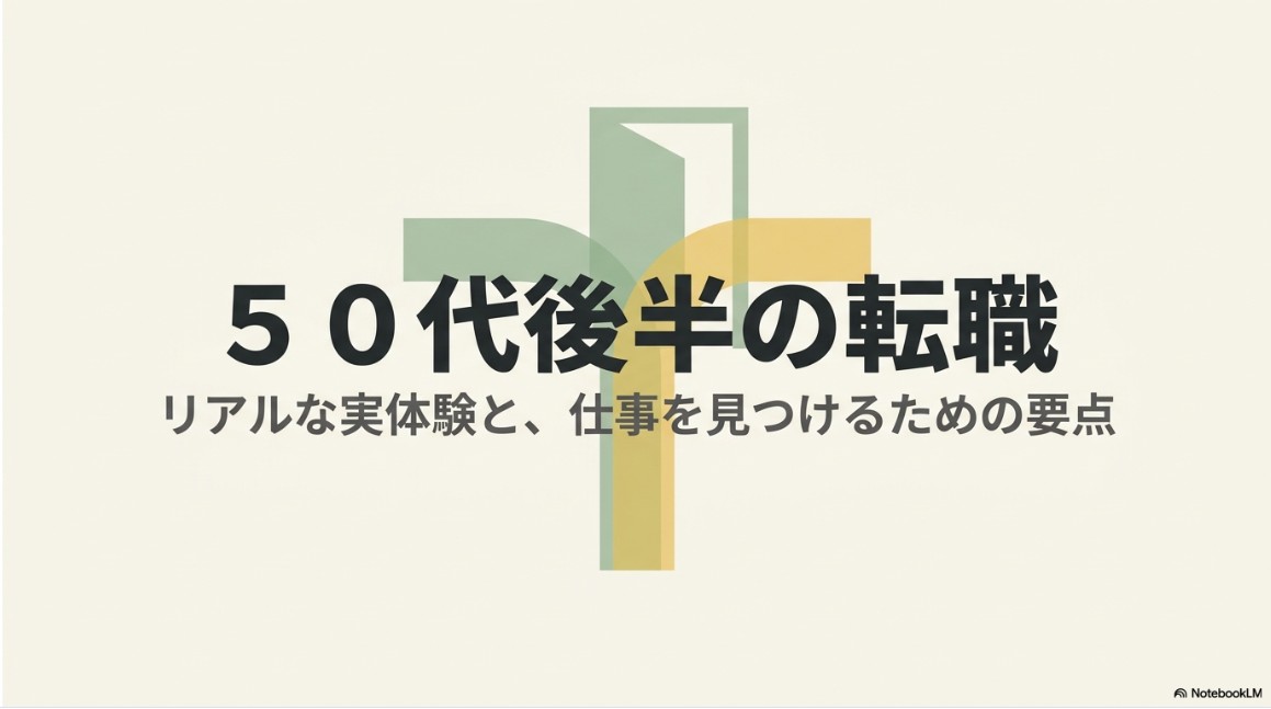 本記事のポイントとして、50代後半の転職の厳しさ、失業保険・求職活動の流れ、未経験職種への転職の注意点、条件整理の仕方の4点をまとめたスライド。