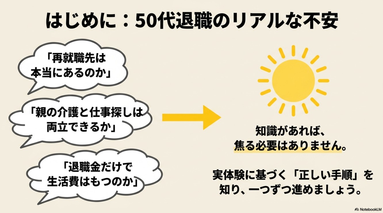 再就職先、親の介護との両立、生活費など、50代で退職した際のリアルな不安と、正しい手順を知る重要性をまとめた図解
