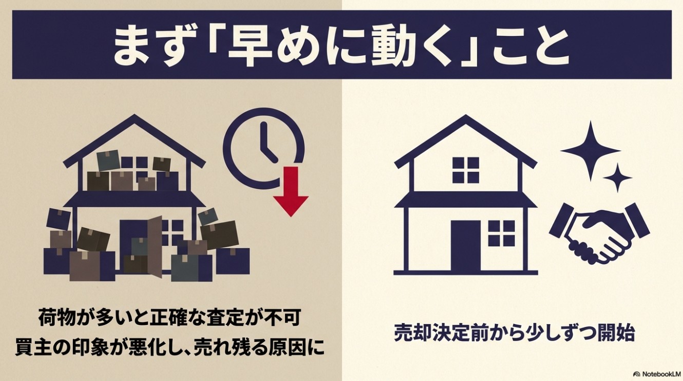 片付けは早めに動くことが重要。荷物が多いと査定が不可になり、売却決定前から少しずつ開始することを勧める図解