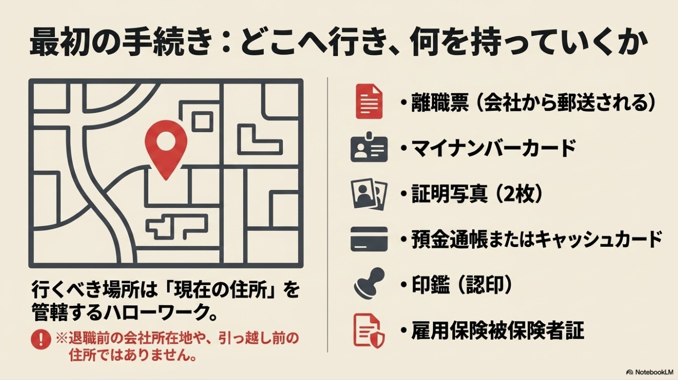 住所地を管轄するハローワークの場所や、離職票、マイナンバーカード、証明写真など、最初の手続きに必要な持ち物一覧