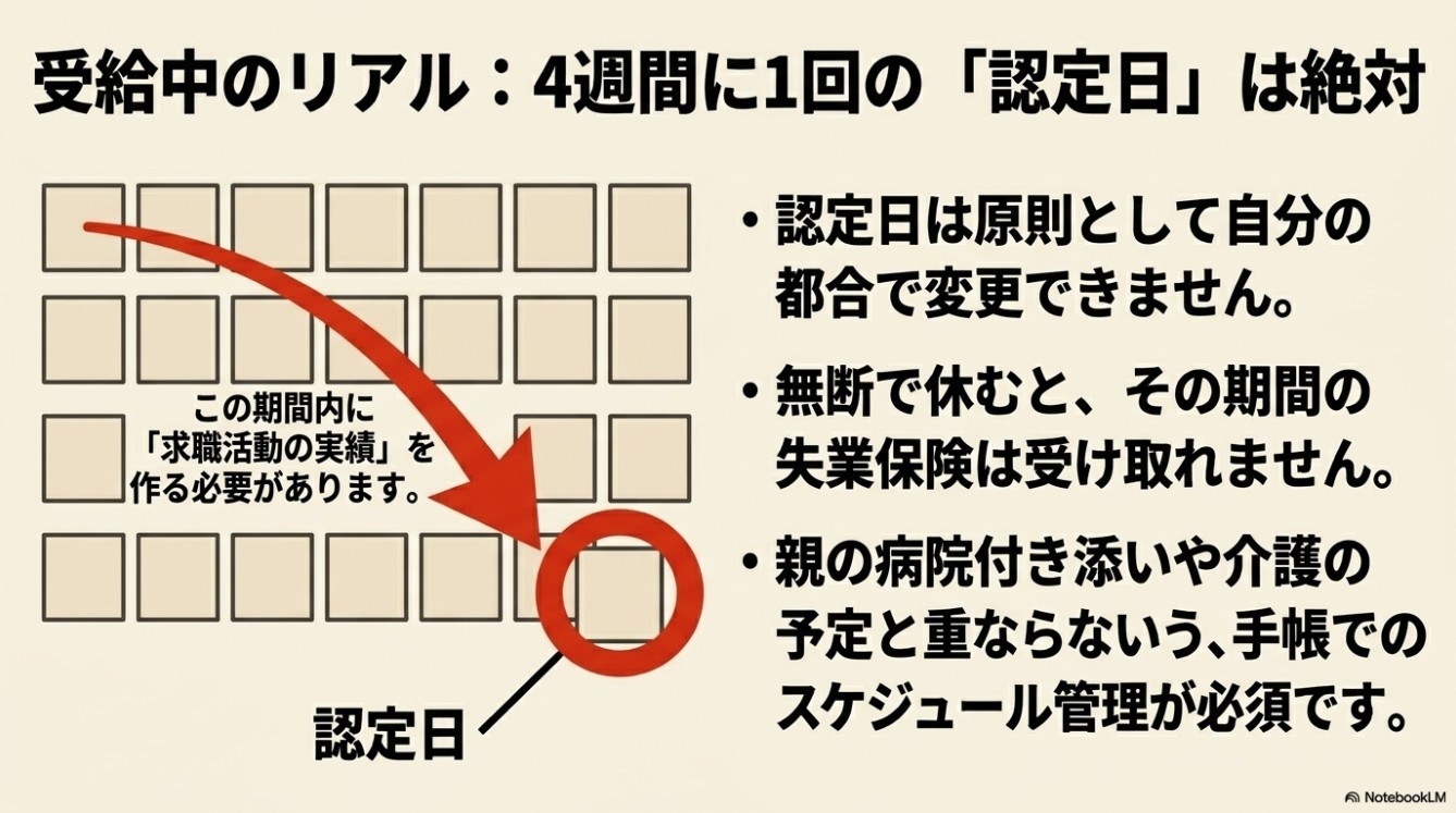4週間に1回必ずハローワークに行く必要がある「認定日」のルールと、親の介護などと両立するためのスケジュール管理の図解