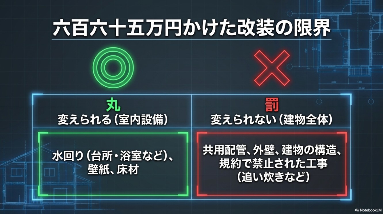 リフォームで変えられる「室内設備」（水回り、壁紙、床材）と、変えられない「建物全体」（共用配管、外壁、構造、規約で禁止された工事）の限界を〇と×で比較した図解イラスト