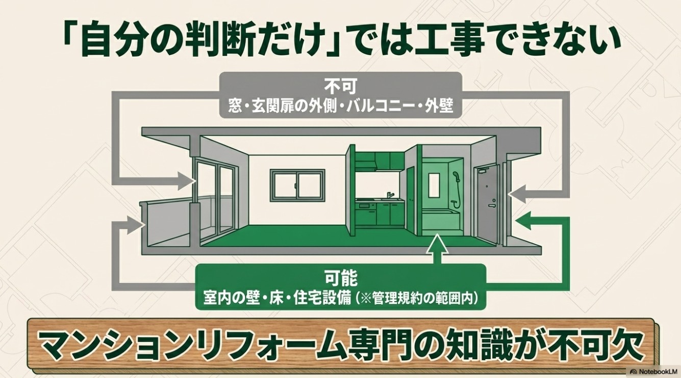 マンションリフォームで自分の判断だけで工事できる専有部分とできない共用部分の図解