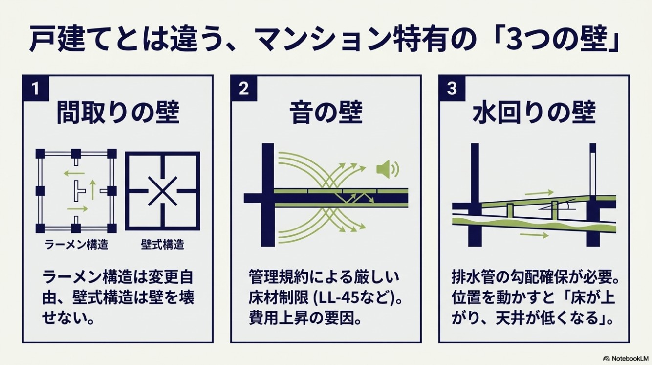 戸建てとは違う、マンション特有の「3つの壁」。間取りの壁(構造)、音の壁(床材制限)、水回りの壁(排水管の勾配確保)。