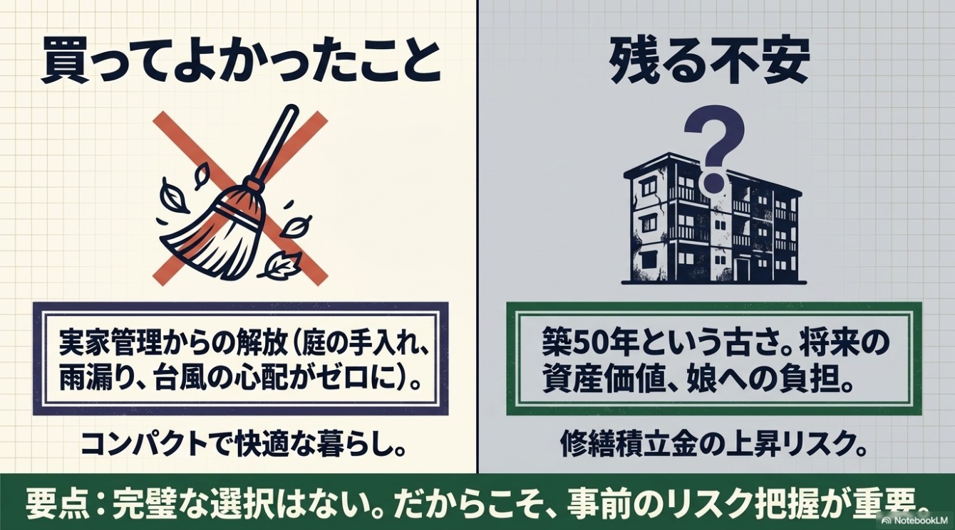 買ってよかったこと(実家管理からの解放)と、残る不安(築50年という古さや将来の修繕積立金上昇リスク)を対比させた図解。