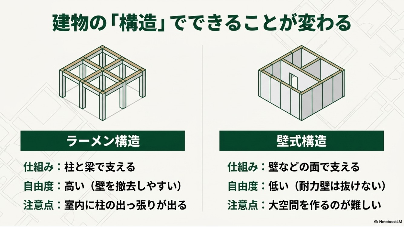 ラーメン構造と壁式構造のリフォーム自由度の違いを比較した図解