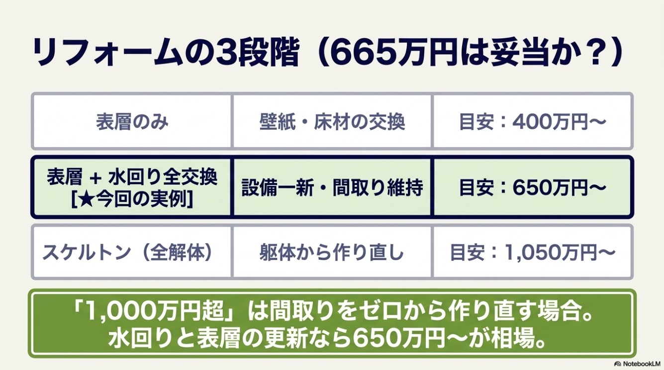 リフォームの3段階(表層のみ、表層+水回り全交換、スケルトン)とそれぞれの費用の目安。水回りと表層の更新なら650万円からが相場。