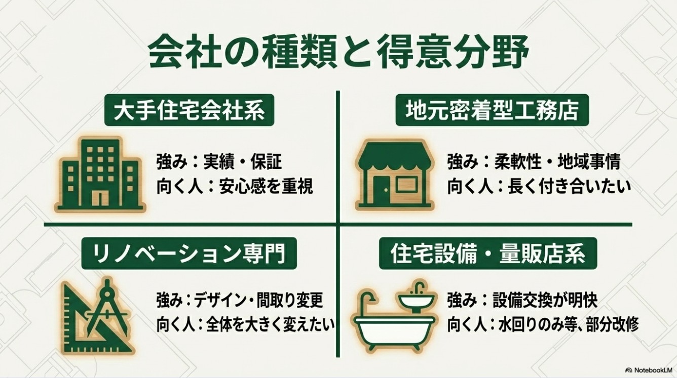 大手住宅会社、地元密着型工務店、リノベーション専門、設備量販店系の強みと向く人をまとめた図解
