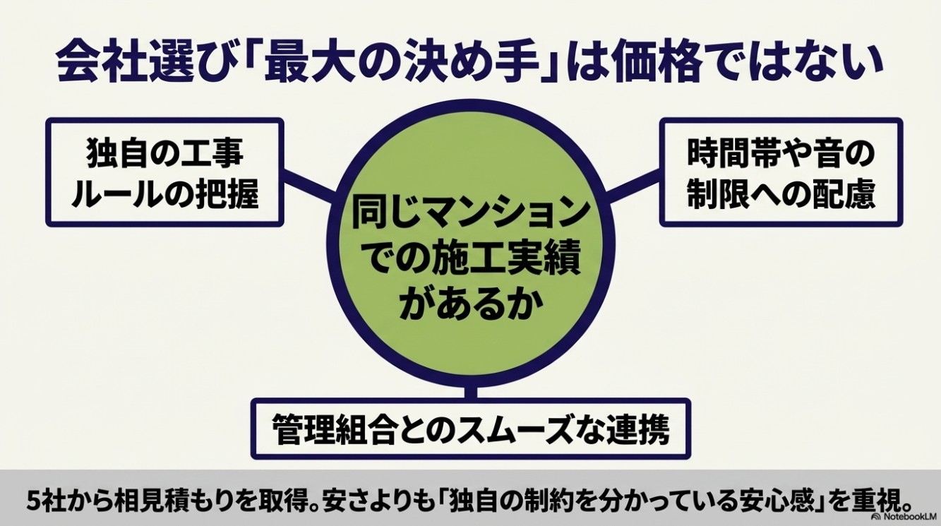 会社選び最大の決め手は価格ではなく、同じマンションでの施工実績があるか。独自の工事ルールや管理組合との連携などの安心感を重視。