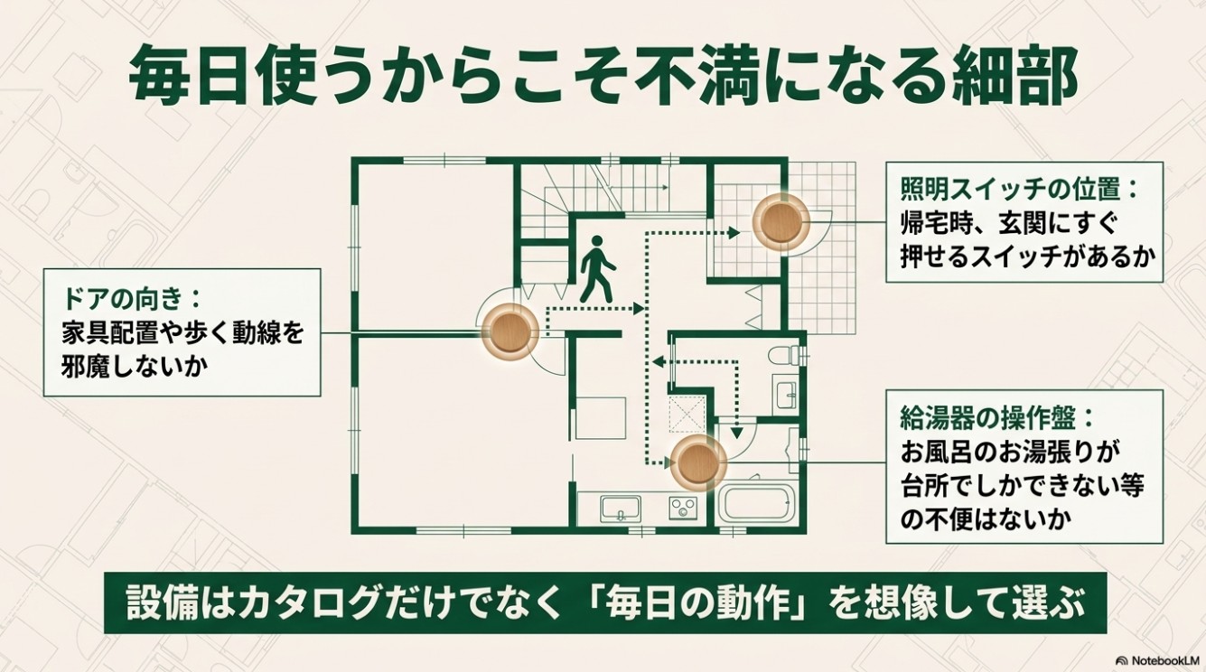 毎日使うからこそ不満になる細部（ドアの向き、照明スイッチ、給湯器パネル）の間取り図解