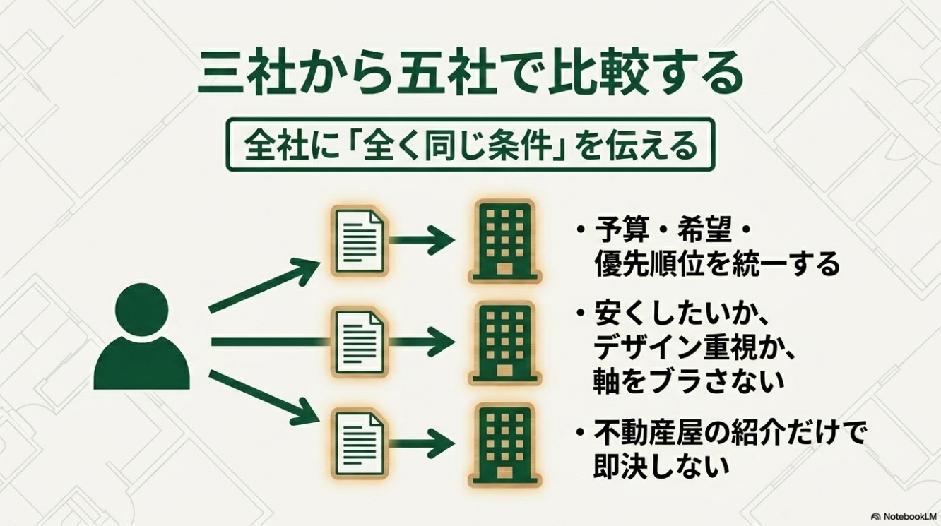 3社から5社のリフォーム会社に全く同じ条件を伝えて相見積もりをする図解