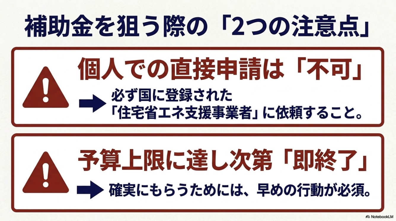 補助金を狙う際の2つの注意点。個人での直接申請は不可(登録事業者に依頼すること)、予算上限に達し次第即終了(早めの行動が必須)。