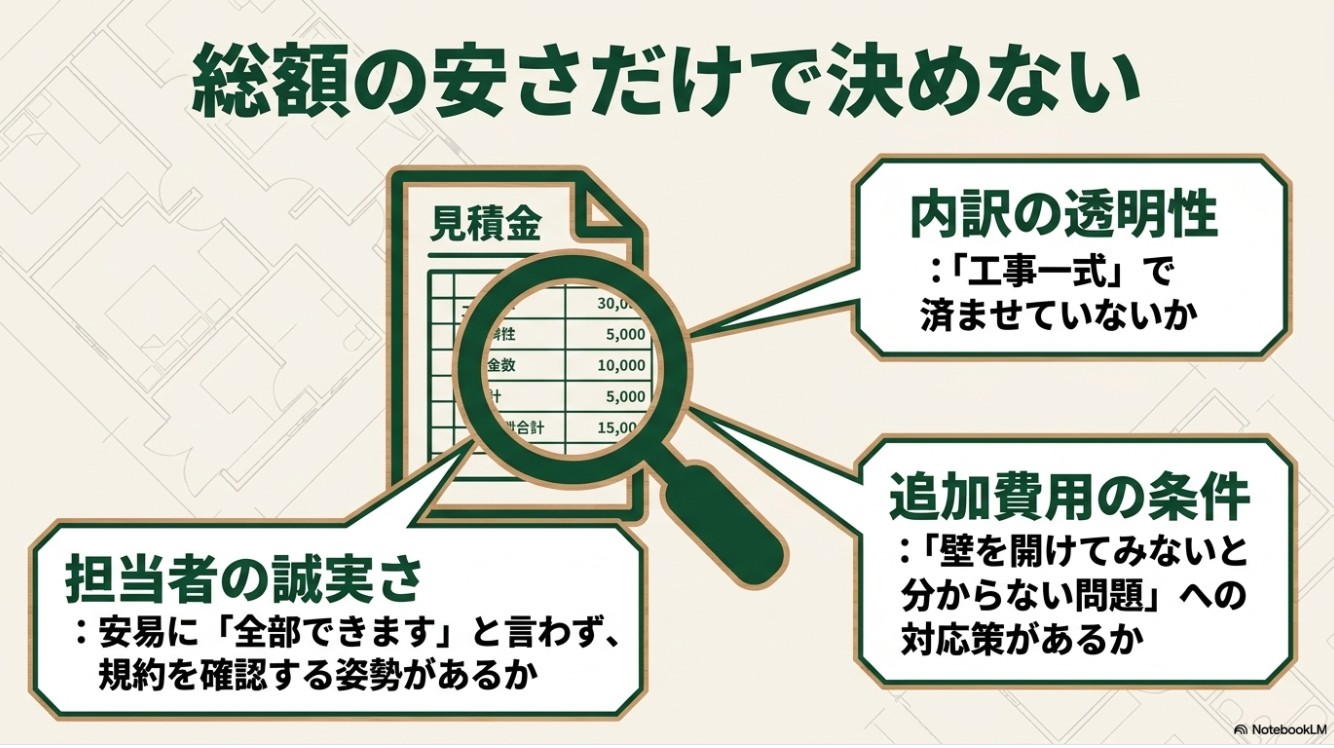 見積もりは総額だけでなく内訳の透明性や追加費用の条件を確認するポイント図解