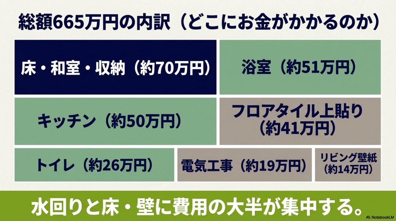 総額665万円の内訳。床・和室・収納、浴室、キッチンなどに費用がかかり、水回りと床・壁に費用の大半が集中していることを示す図。