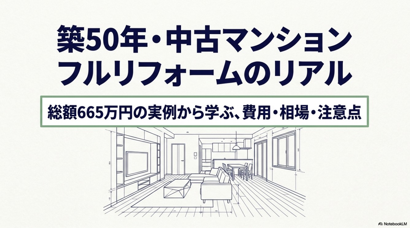 タイトルスライド「築50年・中古マンションフルリフォームのリアル〜総額665万円の実例から学ぶ、費用・相場・注意点」