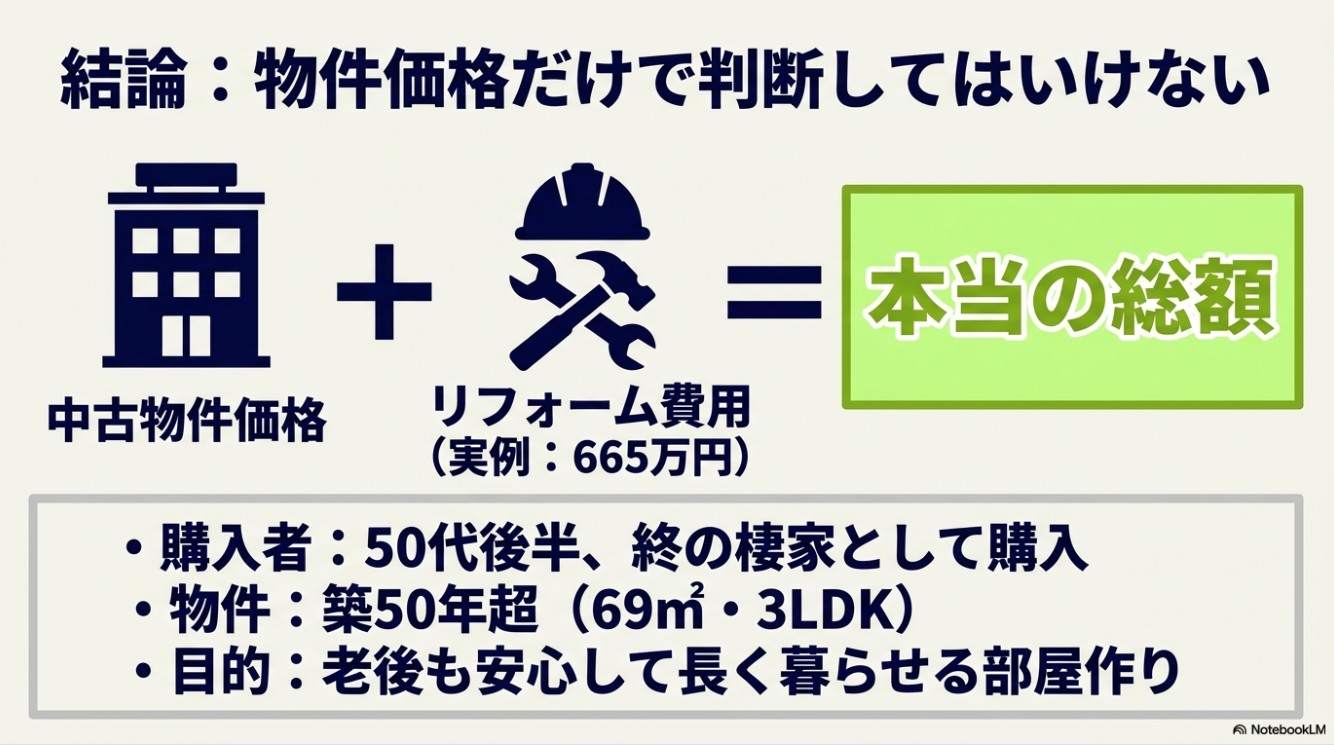 結論:物件価格だけで判断してはいけない。中古物件価格にリフォーム費用(実例665万円)を足したものが本当の総額になるという図解。