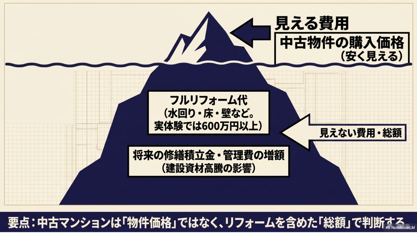 氷山になぞらえて、水面上の「見える費用(購入価格)」だけでなく、水面下の「見えない費用(フルリフォーム代や修繕積立金の増額)」を含めた総額で判断すべきと伝える図解。