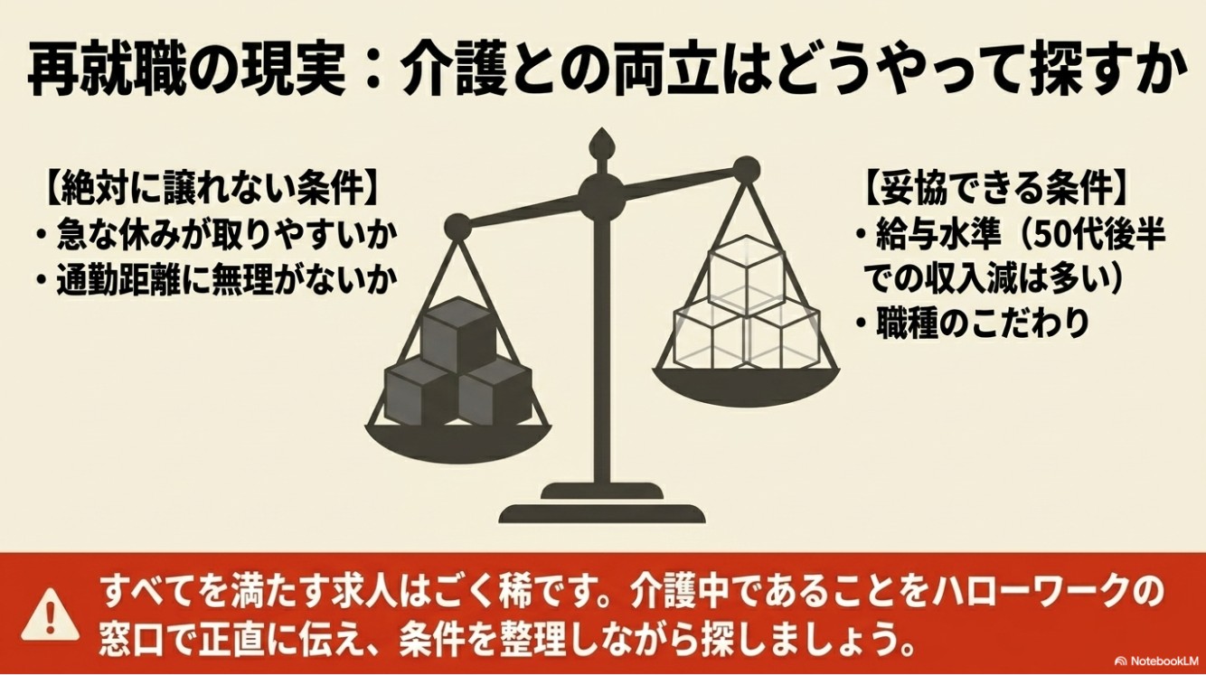 急な休みが取りやすいかなどの「絶対に譲れない条件」と、給与水準などの「妥協できる条件」を整理して介護と両立できる再就職先を探す方法