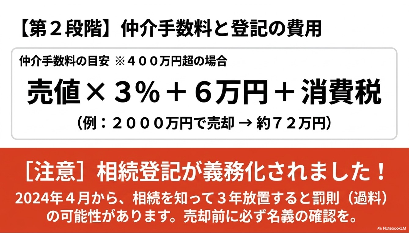 仲介手数料の計算式（売値×3%＋6万円＋消費税）と、2024年4月からの相続登記義務化の注意喚起を示すスライド