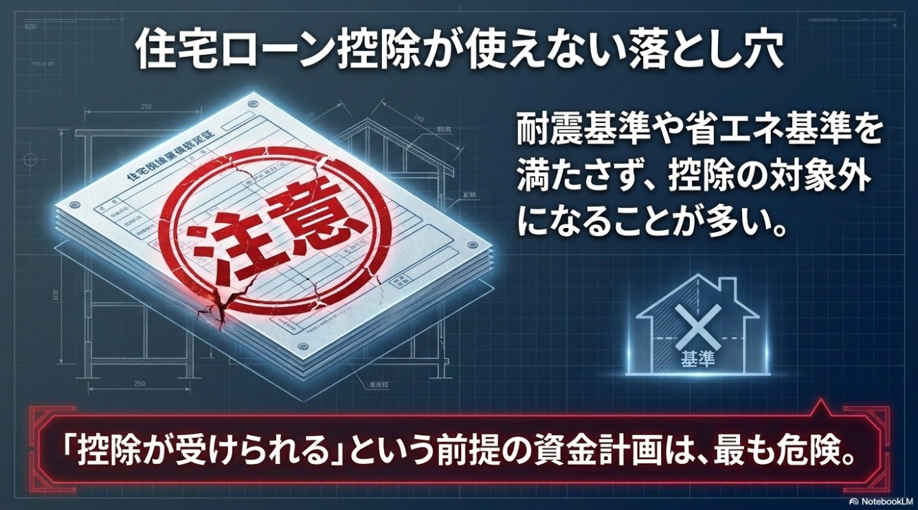 中古マンションは耐震基準や省エネ基準を満たさず、住宅ローン控除の対象外になることがあるという注意喚起を、書類に押された「注意」スタンプで表したイラスト