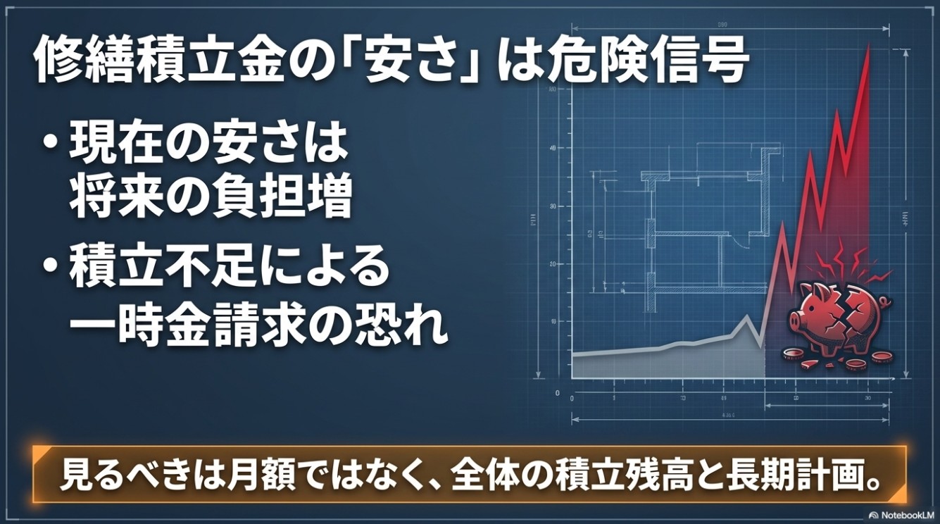 修繕積立金の現在の安さが将来の負担増につながり、積立不足によって一時金請求の恐れがあることを、割れた貯金箱と急上昇するグラフで示したイラスト