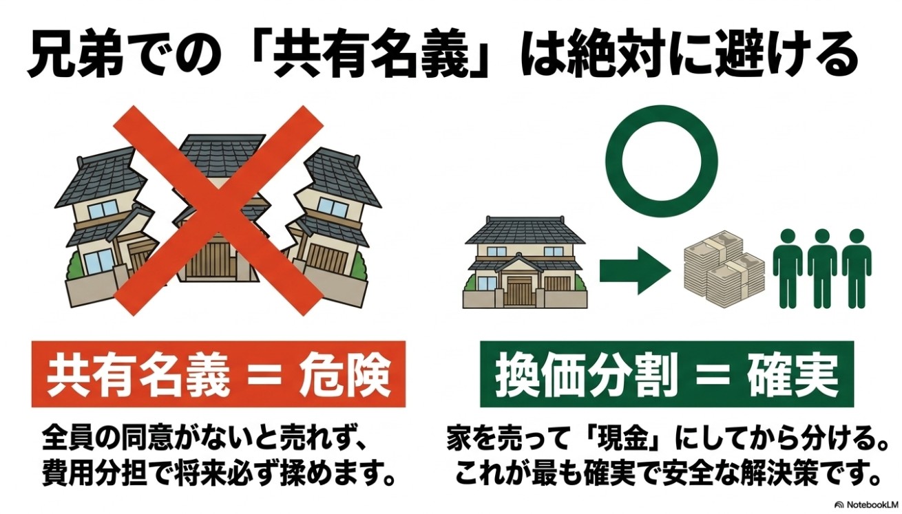 共有名義は全員の同意がないと売れず危険。家を売って現金にしてから分ける換価分割が確実であることを示す図
