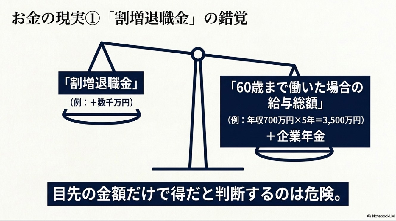 お金の現実1：割増退職金だけで得だと判断するのは危険という図解