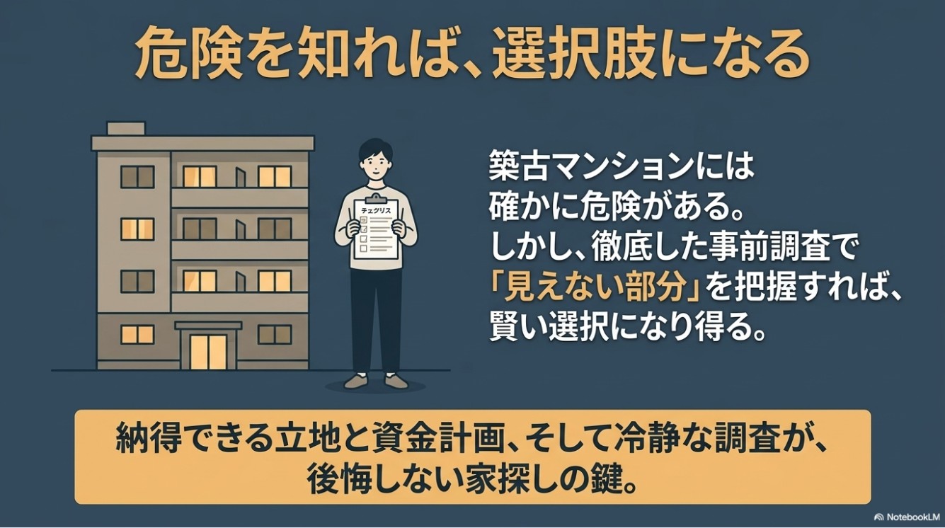 マンションの前でチェックリストを持つ男性のイラスト。「納得できる立地と資金計画、そして冷静な調査が、後悔しない家探しの鍵」というメッセージ