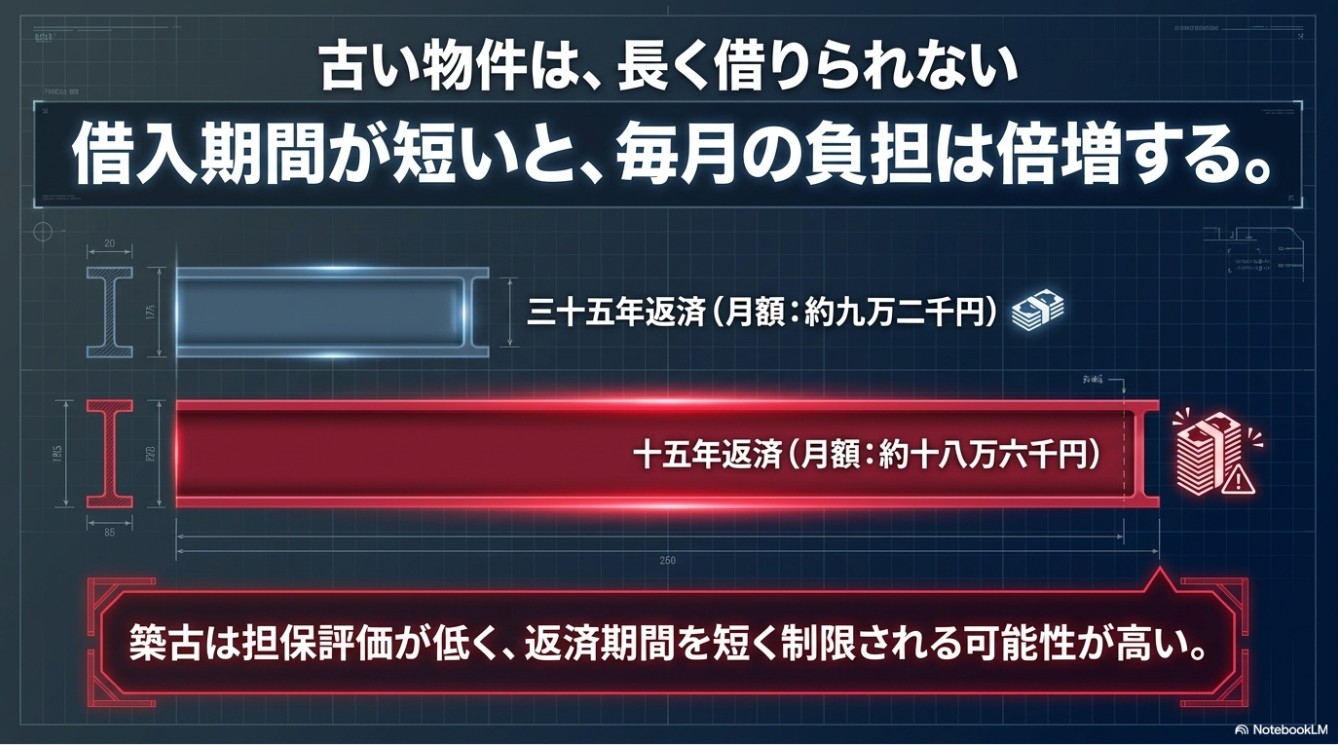 築古物件は担保評価が低いため借入期間が短くなり、35年返済と比べて15年返済では毎月の負担が倍増することを比較したイラスト
