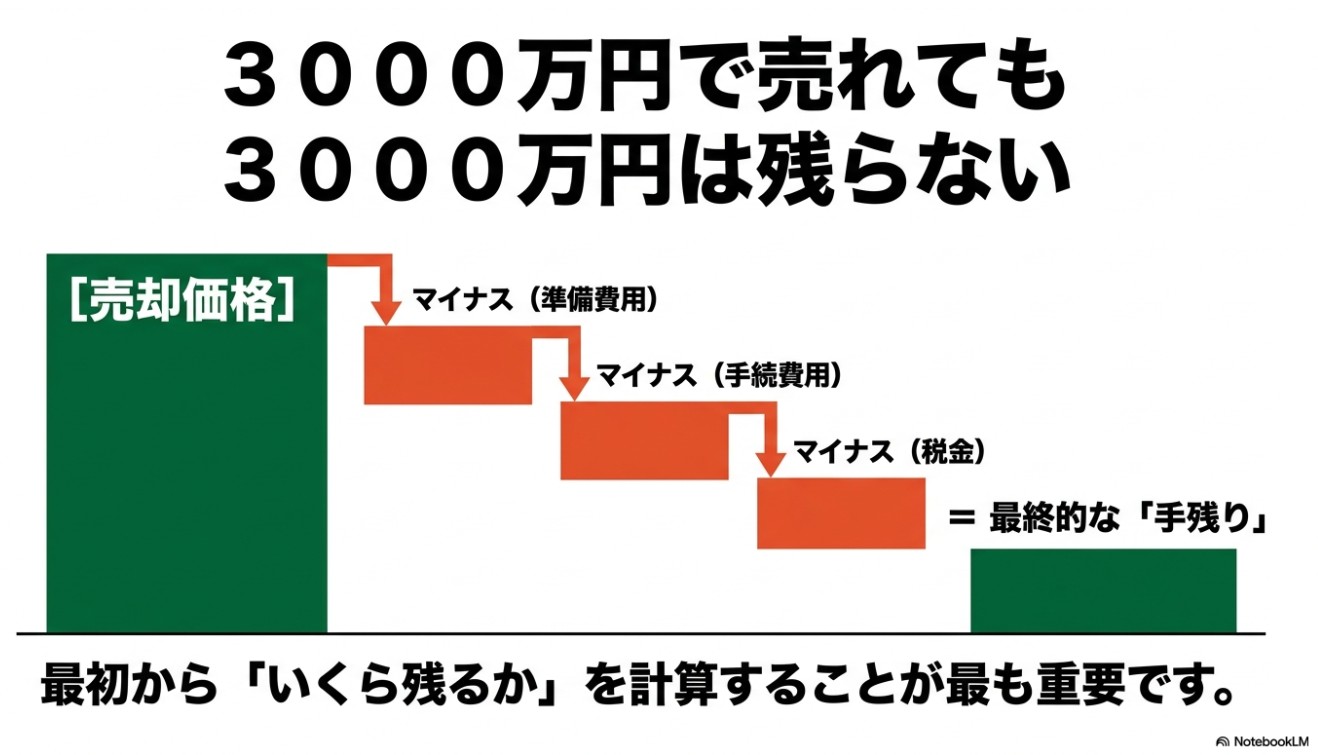売却価格から準備費用、手続費用、税金が引かれて最終的な「手残り」になることを示す図