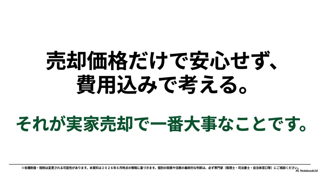 売却価格だけで安心せず、費用込みで考える。それが実家売却で一番大事なことです、というメッセージのスライド