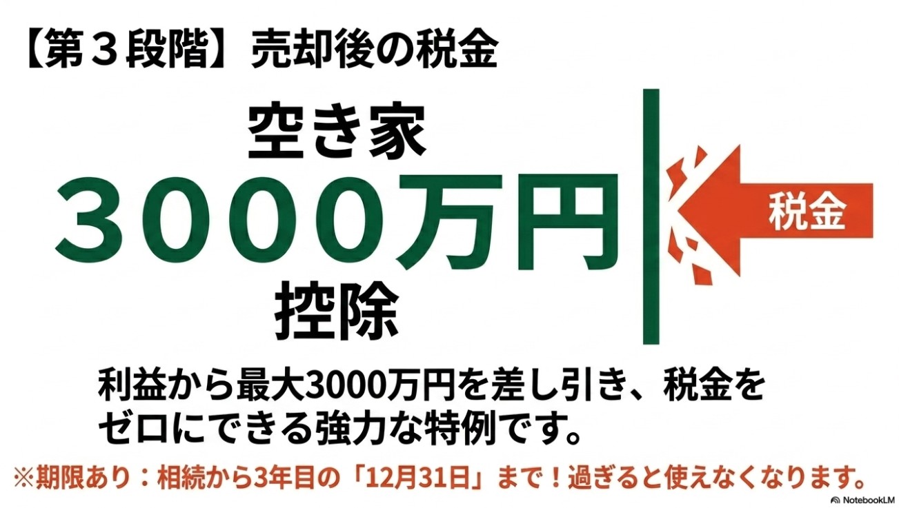 売却利益から最大3000万円を差し引き、税金をゼロにできる強力な特例である空き家3000万円控除を示すスライド