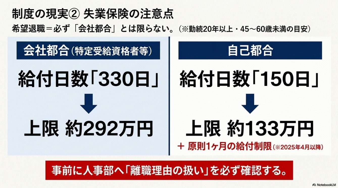 制度の現実2：失業保険の注意点（会社都合の給付日数330日と自己都合の150日の比較）