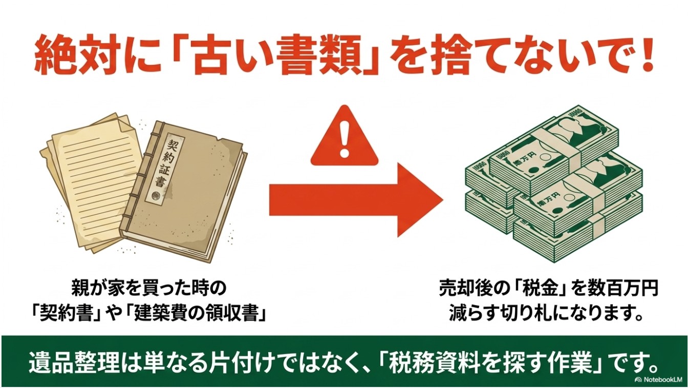親が家を買った時の契約書や建築費の領収書は税金を減らす切り札になるため、絶対に捨てないよう注意喚起するスライド
