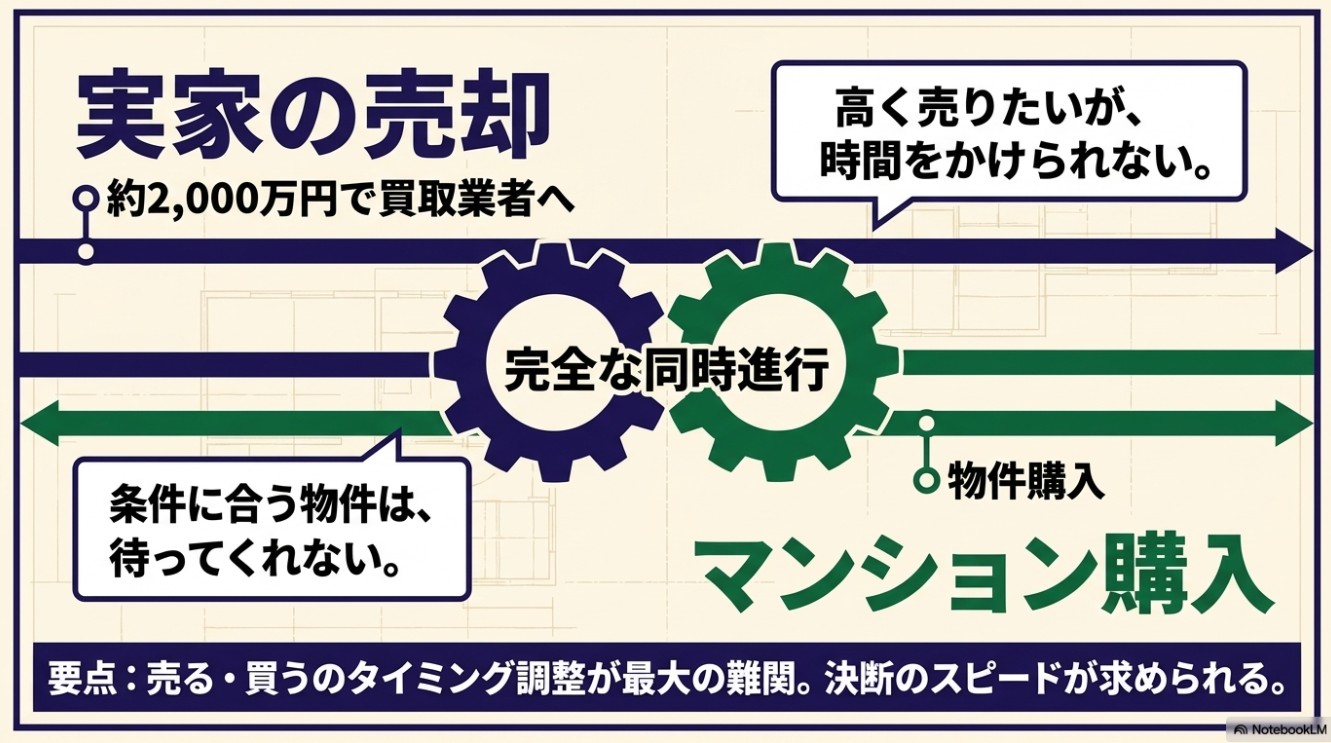 実家の売却とマンション購入が完全な同時進行であることを示す矢印の図解。売る・買うのタイミング調整が最大の難関であることを説明。