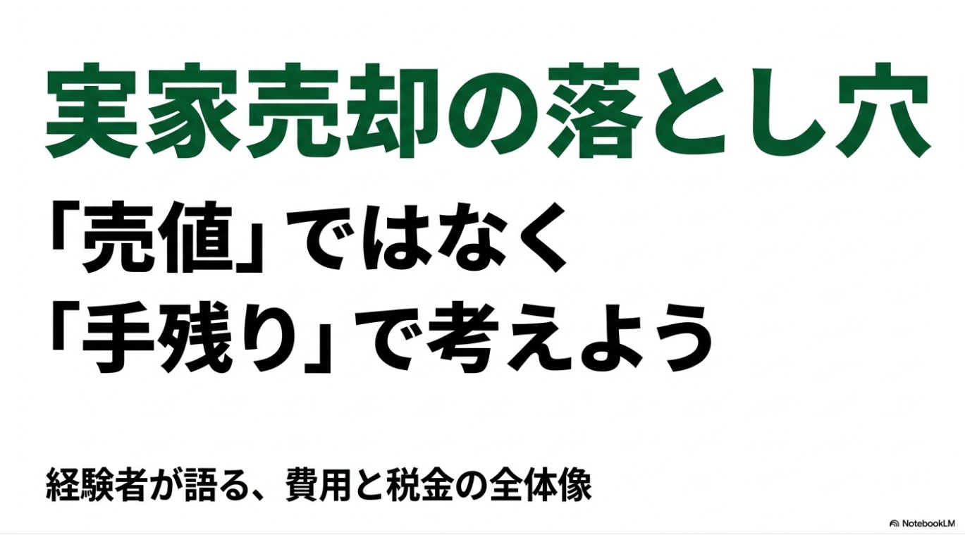 実家売却の費用と税金の全体像。売値ではなく手残りで考えることが重要というスライド
