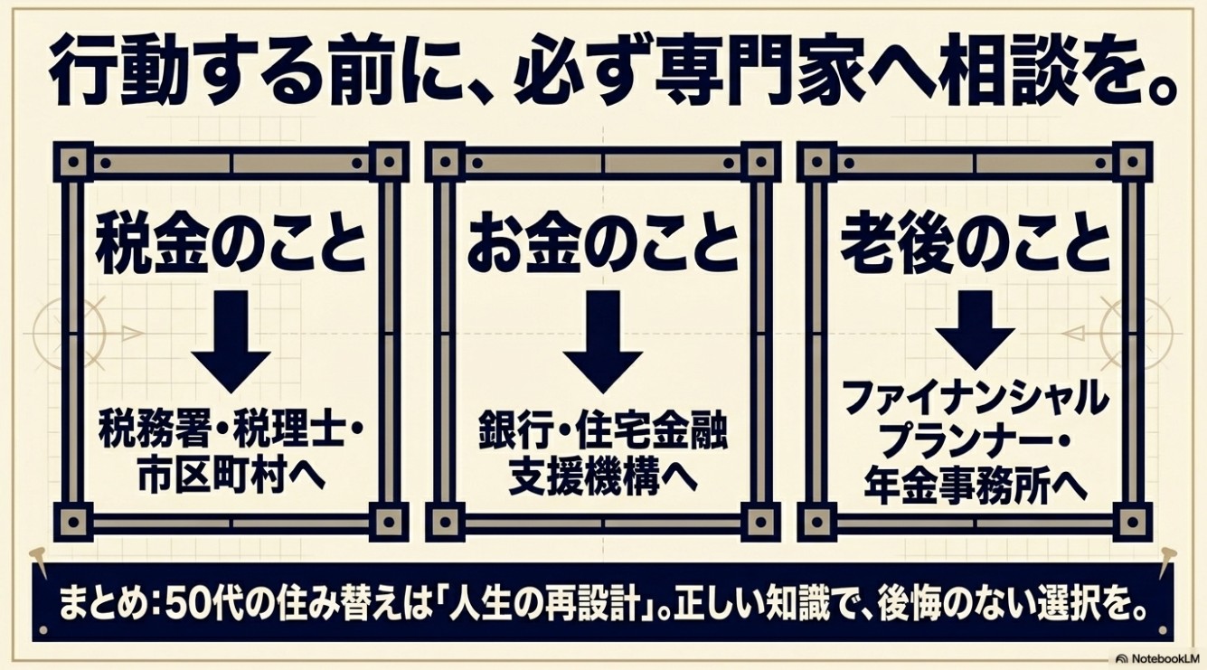 「行動する前に、必ず専門家へ相談を。」という見出しのもと、税金、お金、老後のそれぞれの相談窓口(税務署、銀行、FPなど)を案内する図解。