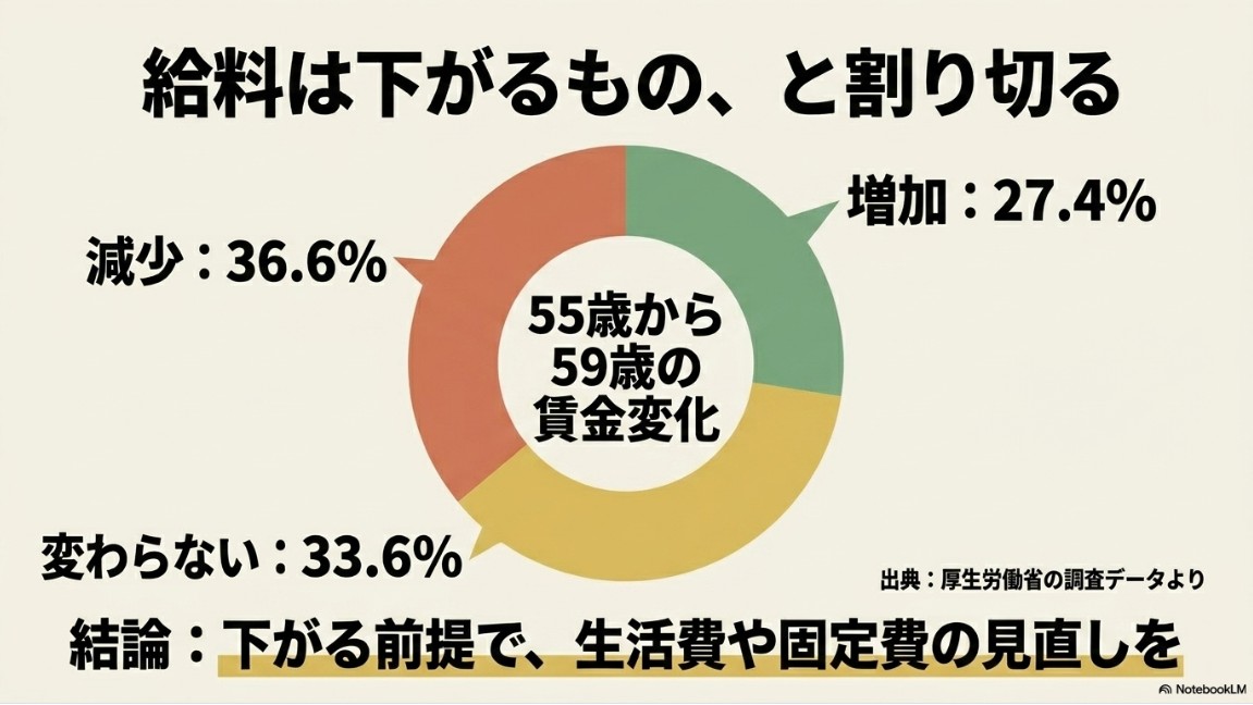 厚生労働省の「雇用動向調査」を基に、55〜59歳では転職によって賃金が「減少」する人の割合が36.6%と最も高くなる傾向を示したデータ表のスライド。